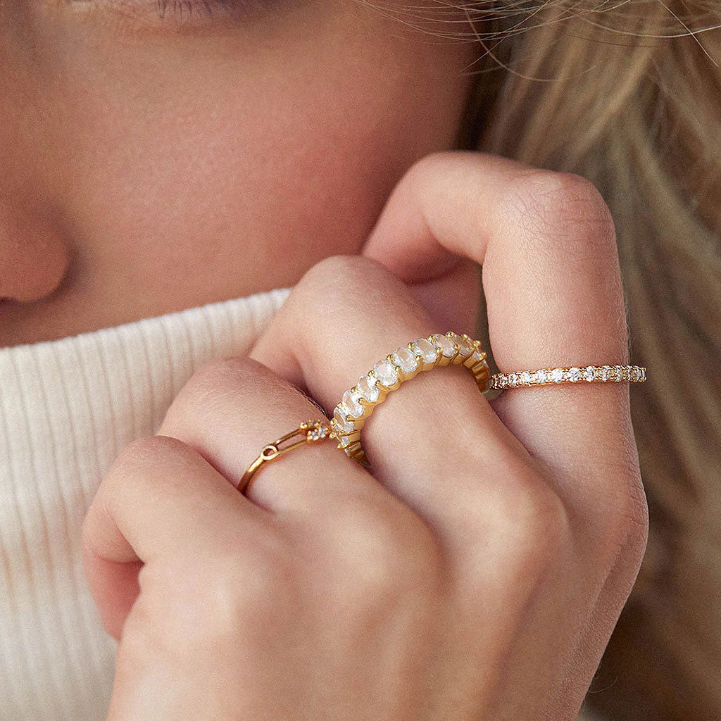 Iced Out Oval Cubic Zirconia Two Tone Sterling Silver Eternity Band Ring - Image 3
