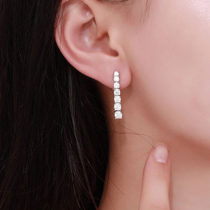 Iced Out Sterling Silver Graduated Moissanite Linear Drop Earrings - Image 4