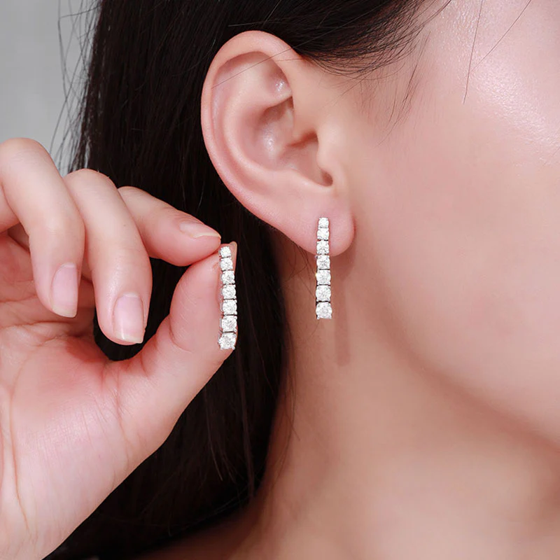 Iced Out Sterling Silver Graduated Moissanite Linear Drop Earrings - Image 5