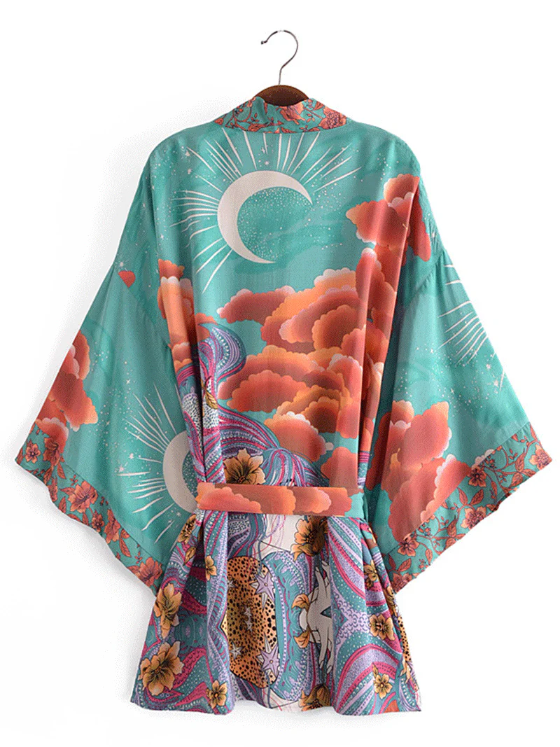 Partywear Short Kimono Floral Print Green Color Cotton Short Length Gown Kimono Duster Robe - Image 2