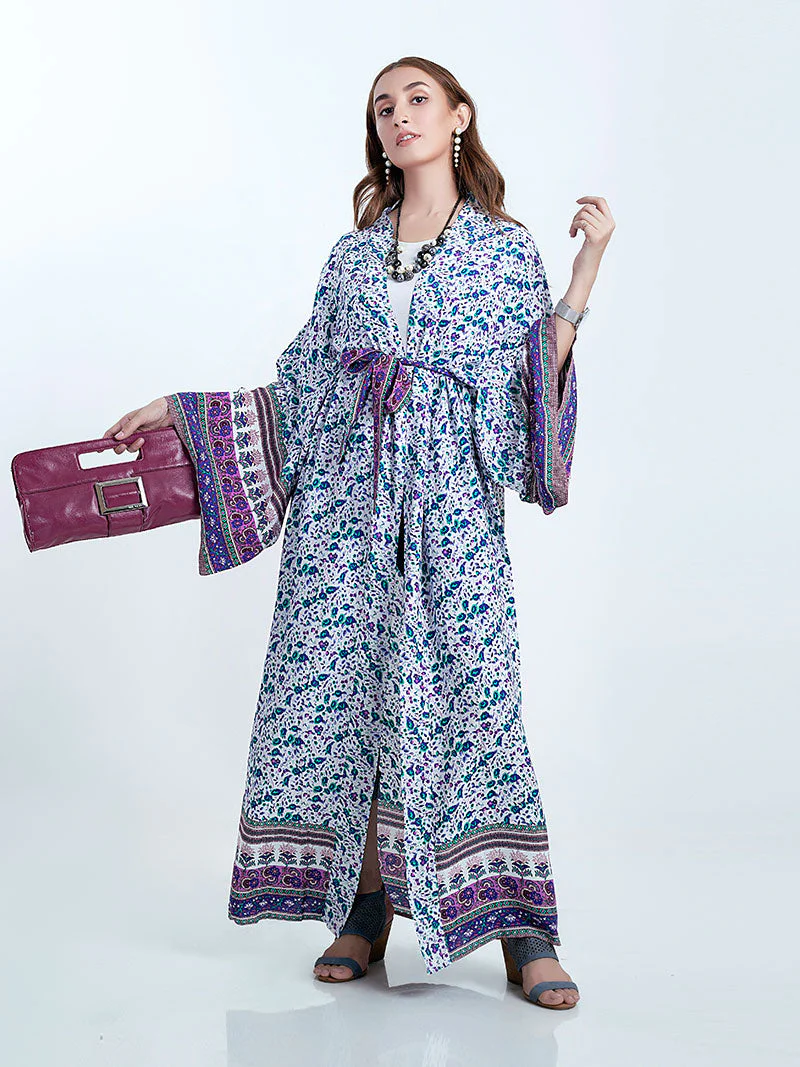 Beachwear Floral Print Pink & Blue Color Cotton Long Length Gown Kimono Duster Robe - Image 4