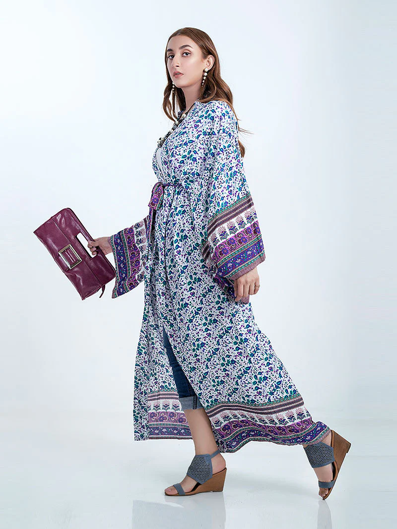 Beachwear Floral Print Pink & Blue Color Cotton Long Length Gown Kimono Duster Robe - Image 5