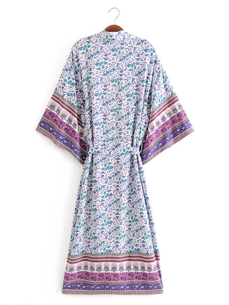 Beachwear Floral Print Pink & Blue Color Cotton Long Length Gown Kimono Duster Robe - Image 8