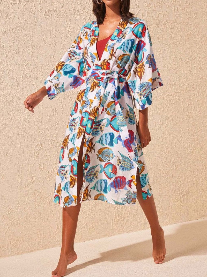 Swimwear Birds, Fish With Leaf Print Blue Color Cotton Long Length Gown Kimono - Image 2