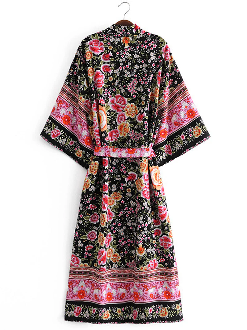 Partywear Floral Print Black Color Cotton Long Length Gown Kimono Duster - Image 2