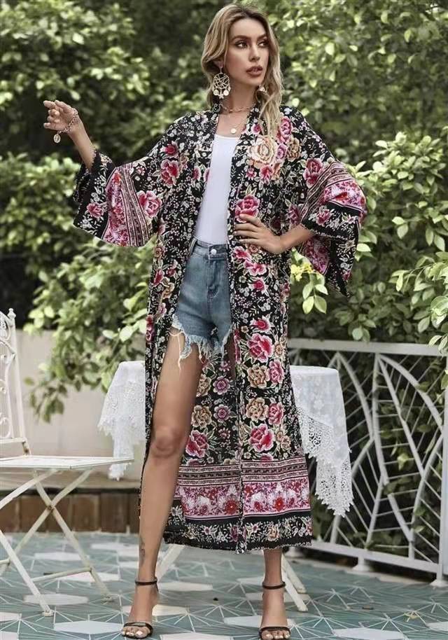 Partywear Floral Print Black Color Cotton Long Length Gown Kimono Duster - Image 3