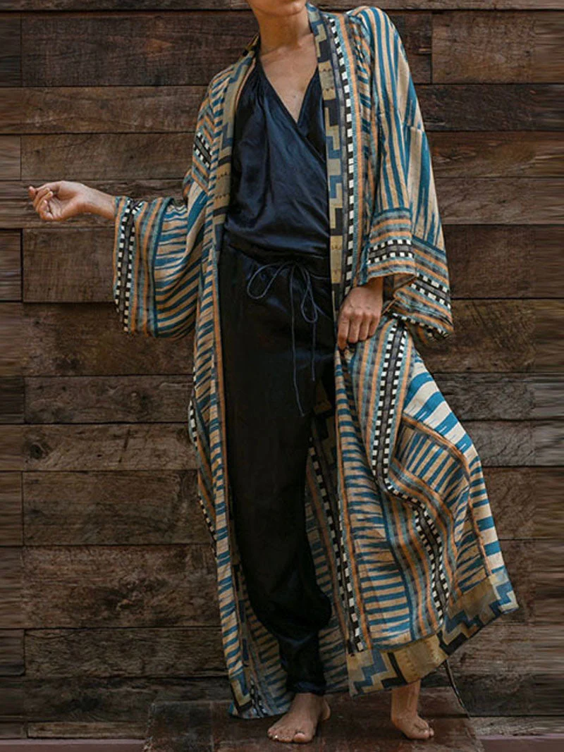 Printed Red & Blue Color Cotton Long Length Gown Kimono Duster Robe - Image 2