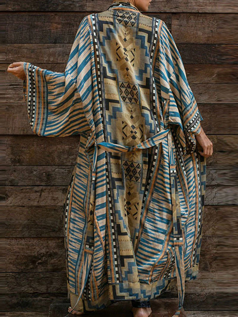 Printed Red & Blue Color Cotton Long Length Gown Kimono Duster Robe - Image 3