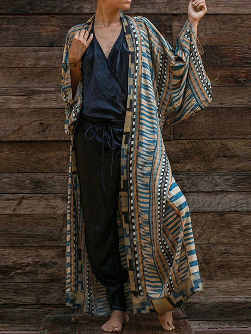 Printed Red & Blue Color Cotton Long Length Gown Kimono Duster Robe - Image 5