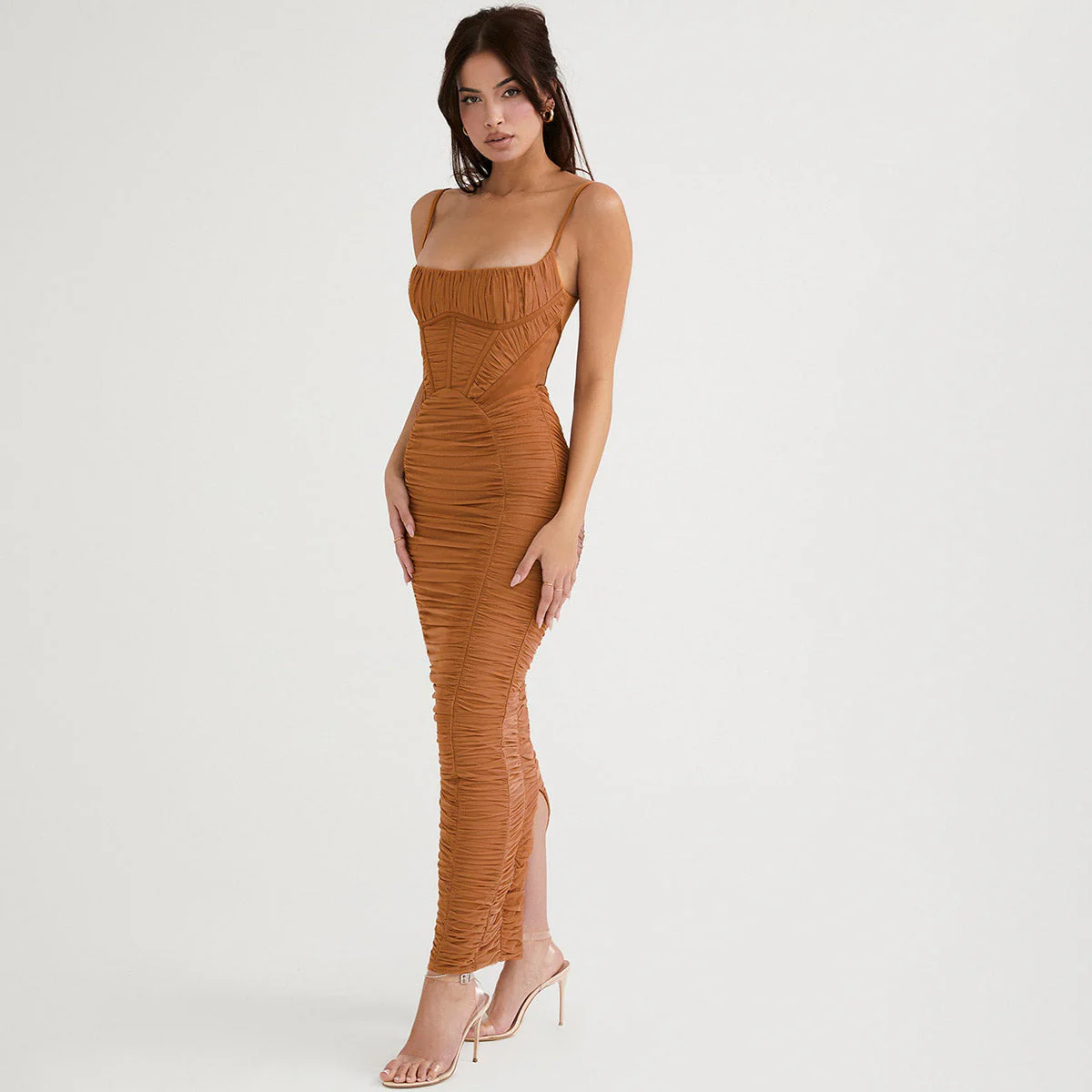 AKARI BROWN RUCHED MAXI Dress with STRAPS - Image 4