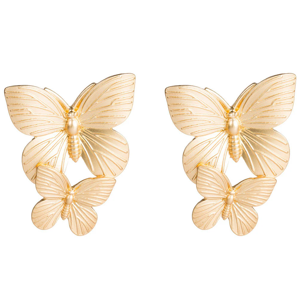 Intricate Metallic Double Butterfly Drop Earrings - Gold - Image 2