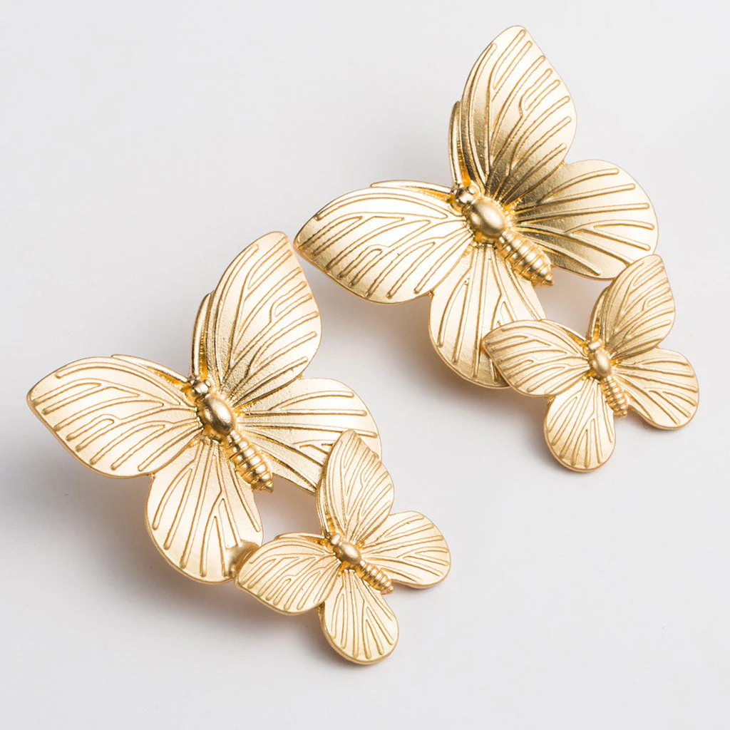 Intricate Metallic Double Butterfly Drop Earrings - Gold - Image 3