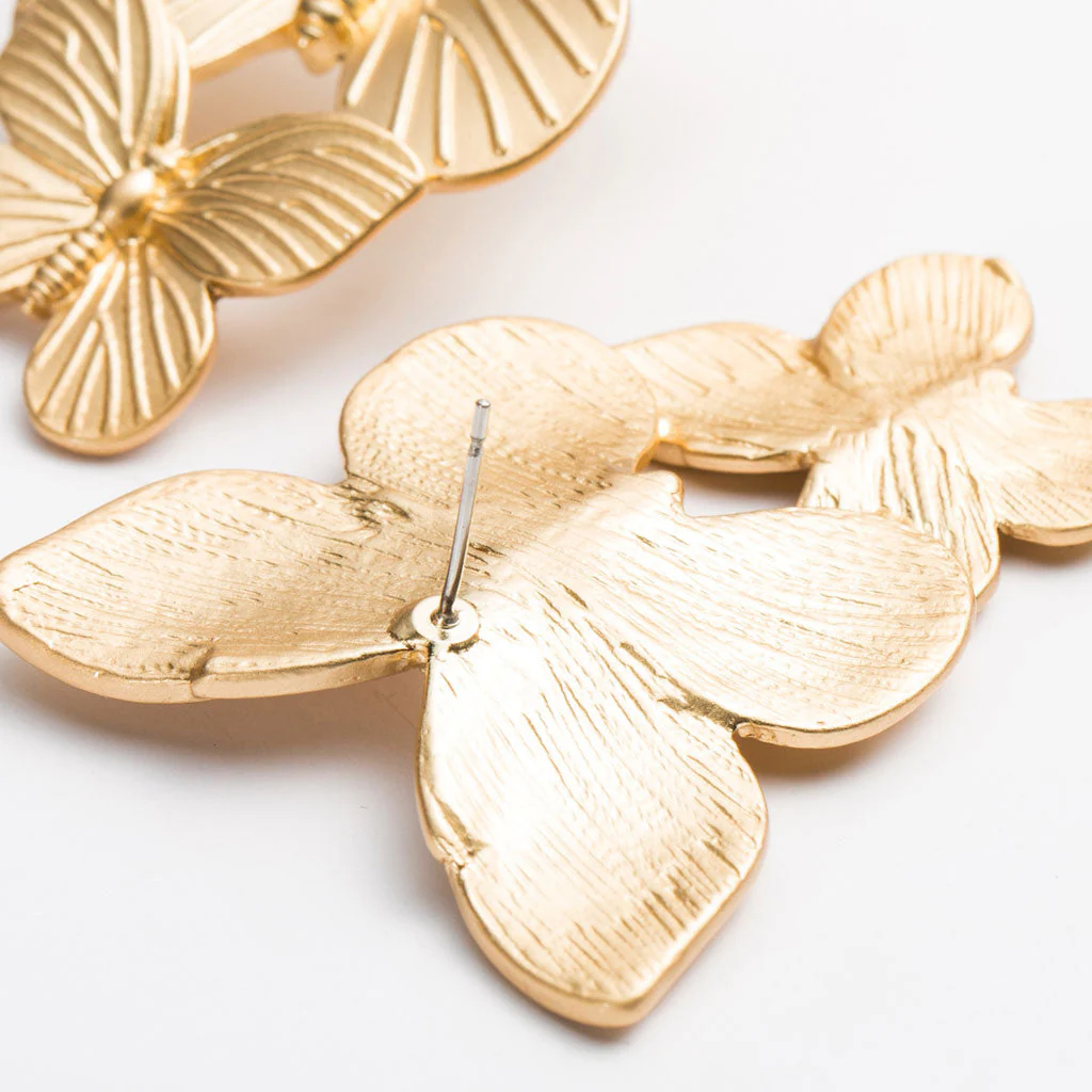 Intricate Metallic Double Butterfly Drop Earrings - Gold - Image 4