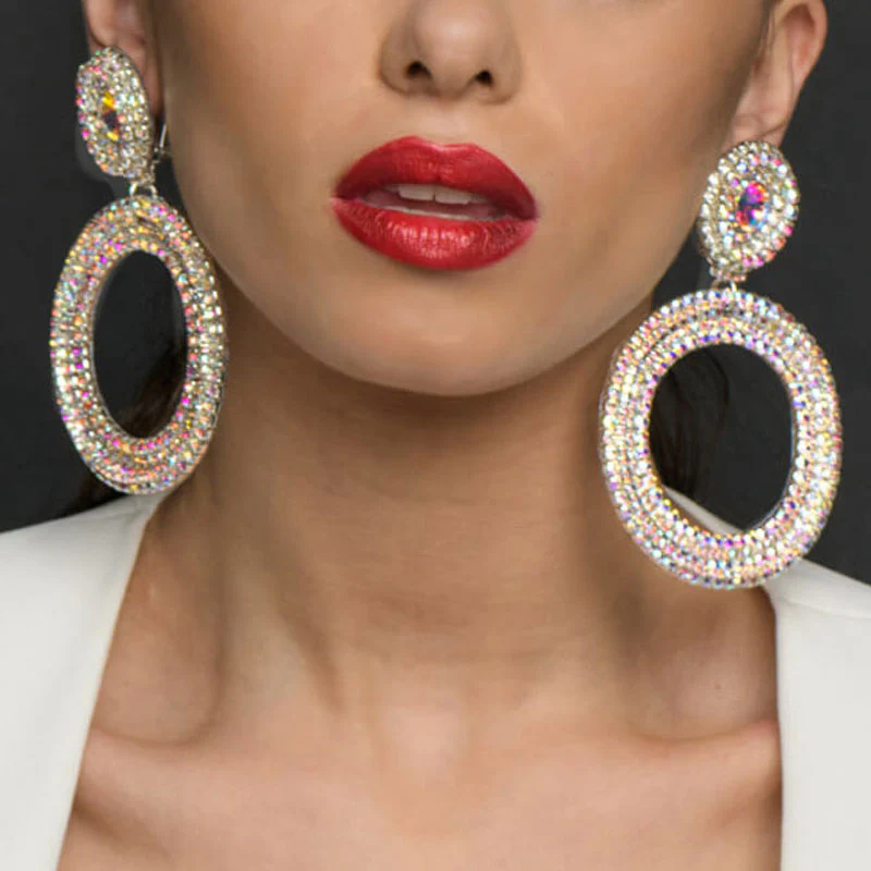 Iridescent Gem Detail Crystal Embellished Hoop Dangle Earrings - Silver - Image 2
