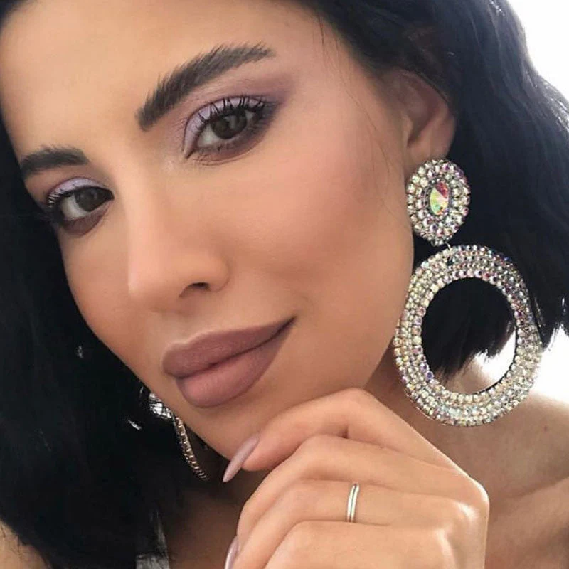 Iridescent Gem Detail Crystal Embellished Hoop Dangle Earrings - Silver - Image 3