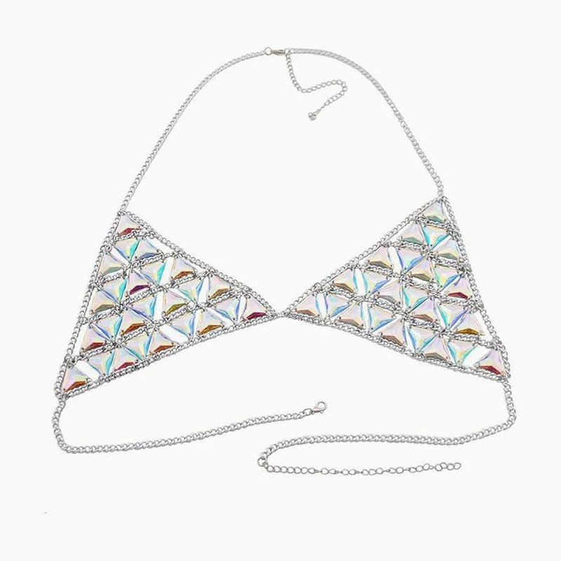 Iridescent Halter Open Back Acrylic Triangle Link Body Chain Bra Top - Image 2