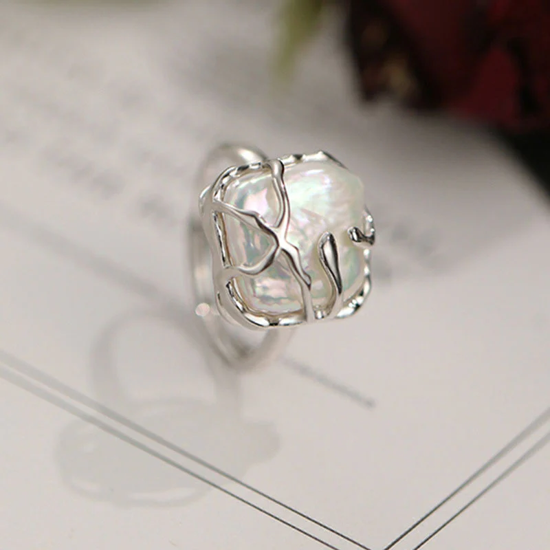 Iridescent Rhodium Plated Sterling Silver Wrapped Square Baroque Pearl Ring - Image 2