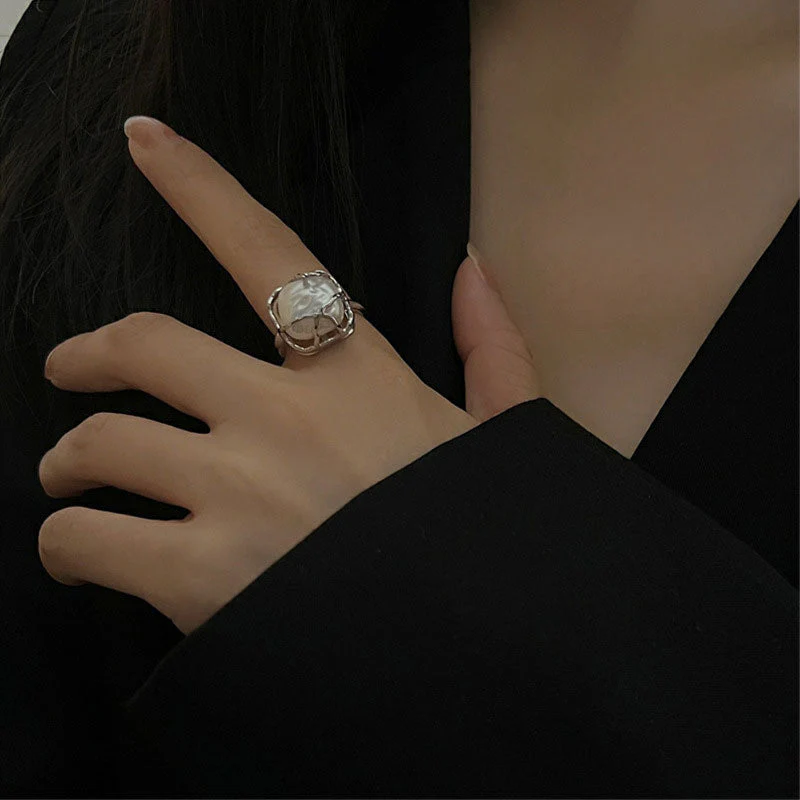 Iridescent Rhodium Plated Sterling Silver Wrapped Square Baroque Pearl Ring - Image 3