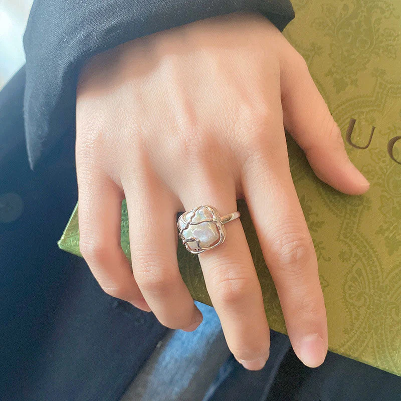 Iridescent Rhodium Plated Sterling Silver Wrapped Square Baroque Pearl Ring - Image 4