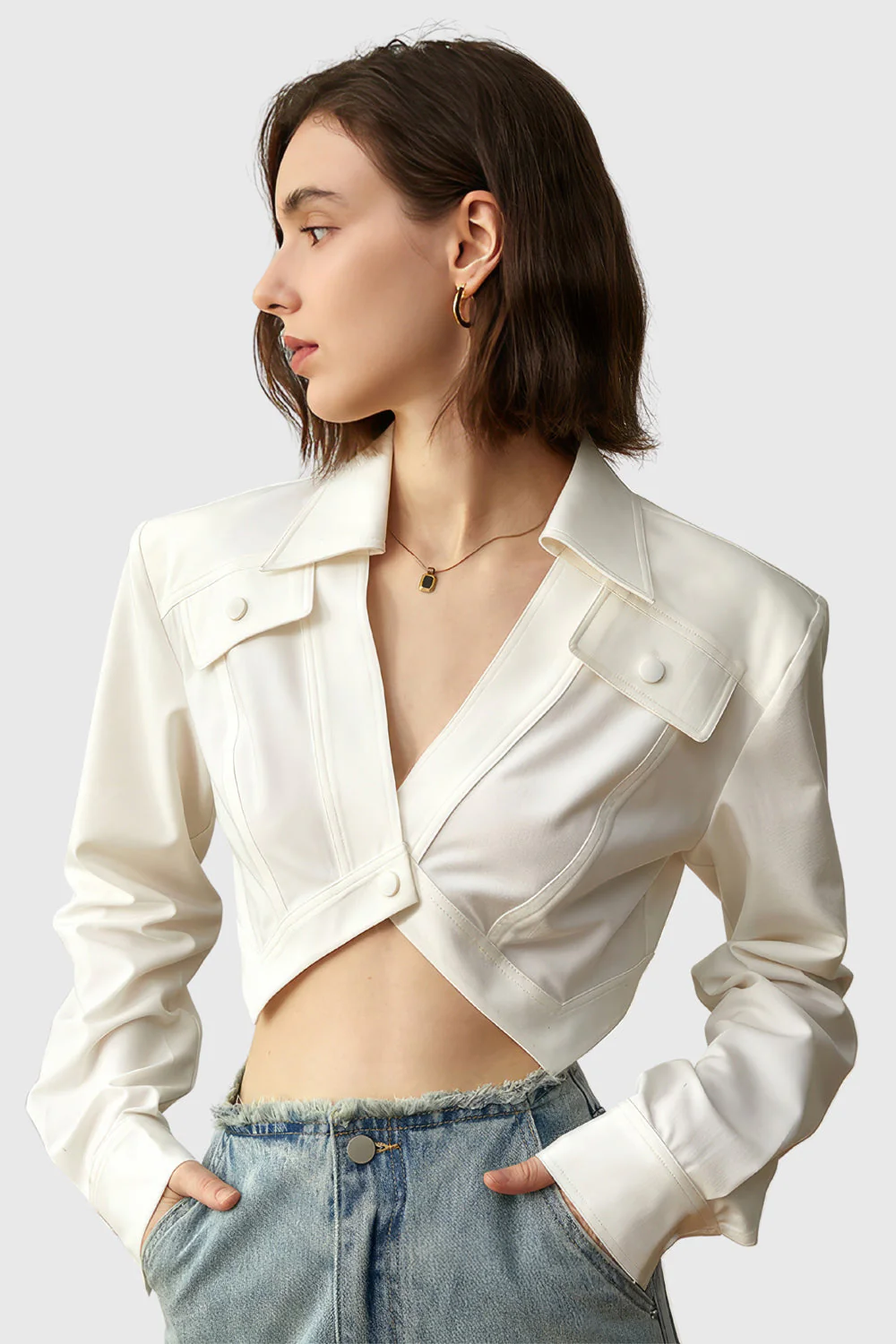 Irregular Cropped Shirt - White - Image 4