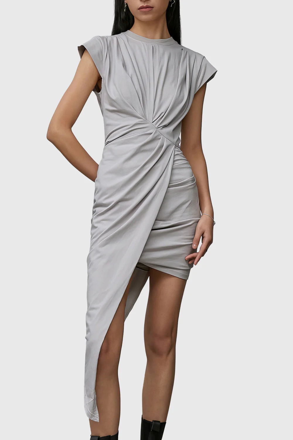 Irregular Dress with Short Sleeves - Grey - Image 3