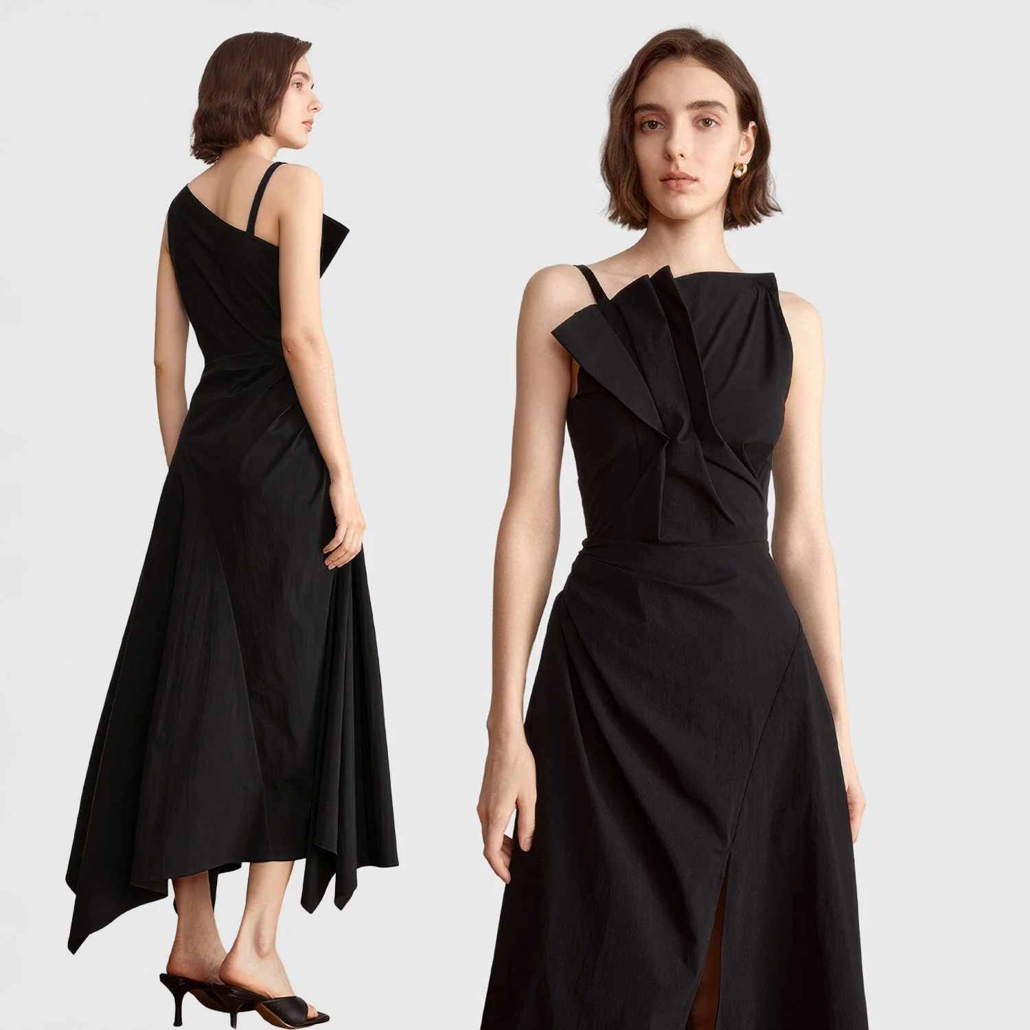 IRREGULAR MIDI Dress with FRONT SLIT - Black - Image 2