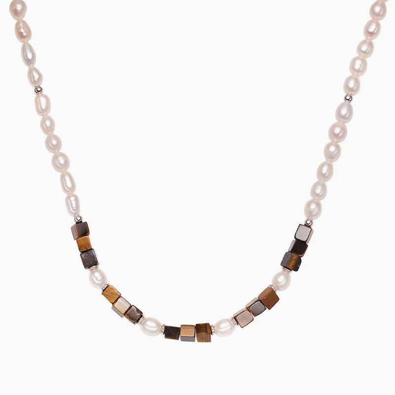 IT IS BAROQUE Freshwater Pearl Beaded Tigers Eye Smile Choker NeckLace - Image 2