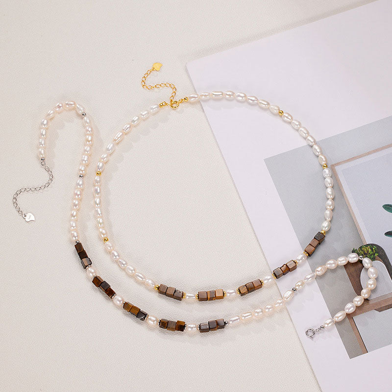IT IS BAROQUE Freshwater Pearl Beaded Tigers Eye Smile Choker NeckLace - Image 3