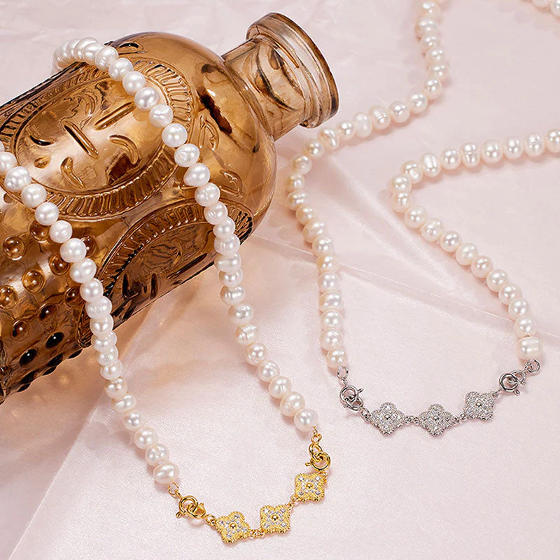 IT IS BAROQUE Freshwater Pearl Cubic Zirconia Clover Smile NeckLace - Image 3