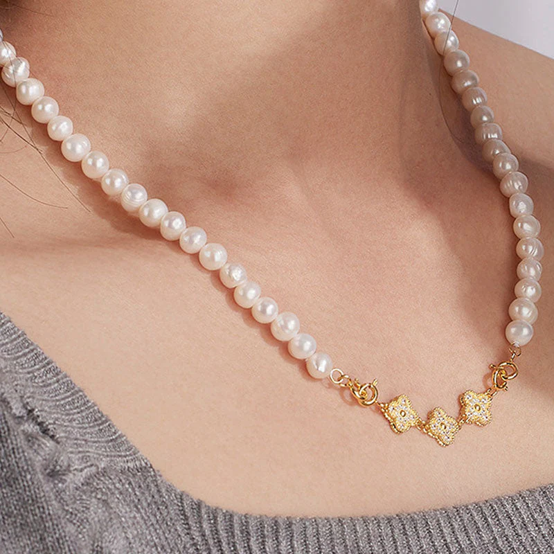 IT IS BAROQUE Freshwater Pearl Cubic Zirconia Clover Smile NeckLace - Image 4