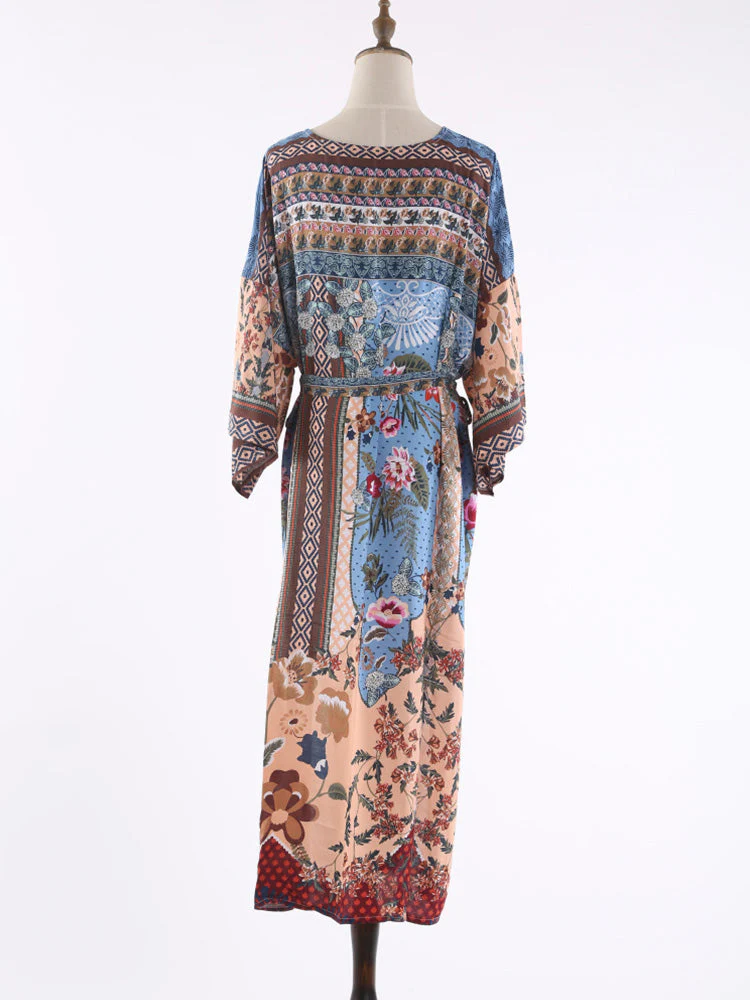 Printed Multicolor Cotton Long Length Gown Kimono Duster Robe - Image 2