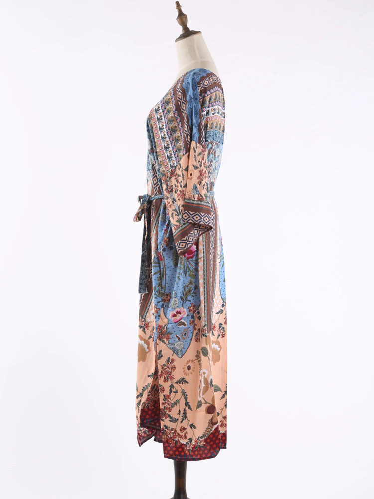 Printed Multicolor Cotton Long Length Gown Kimono Duster Robe - Image 3