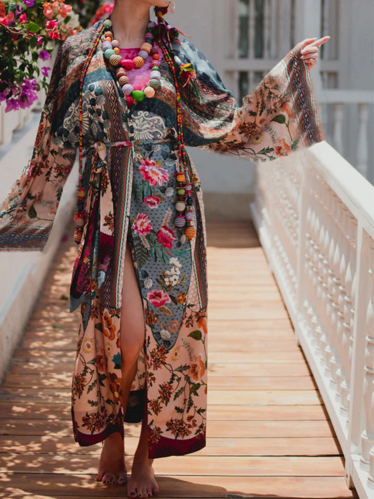 Printed Multicolor Cotton Long Length Gown Kimono Duster Robe - Image 5