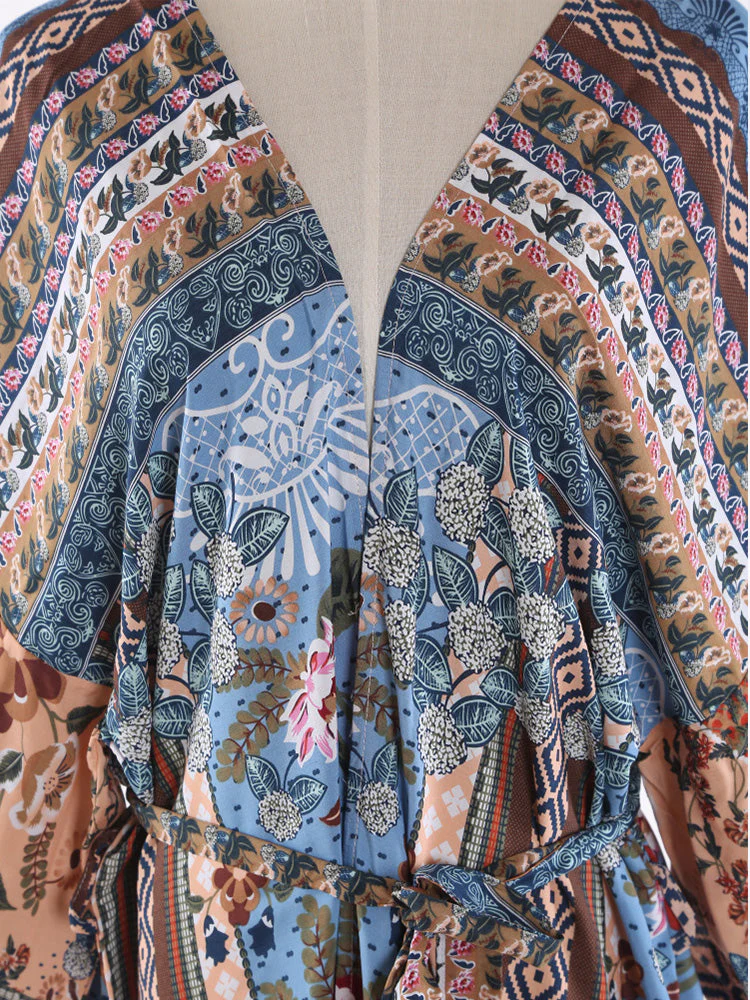 Printed Multicolor Cotton Long Length Gown Kimono Duster Robe - Image 6