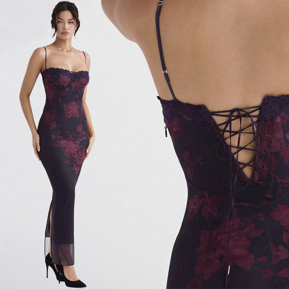 CHINATSU BURGUNDY Lace UP MAXI Dress - Image 3