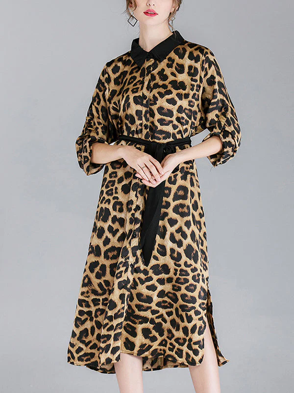 Ivy Vintage Contrasting Lapel Neck Animal Print Buttoned Belted Midi Dress - Image 10