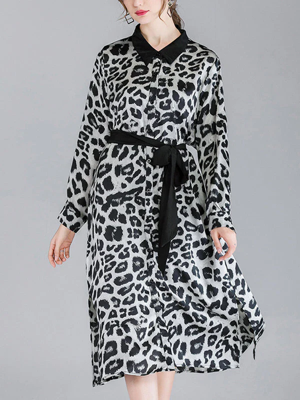 Ivy Vintage Contrasting Lapel Neck Animal Print Buttoned Belted Midi Dress - Image 2