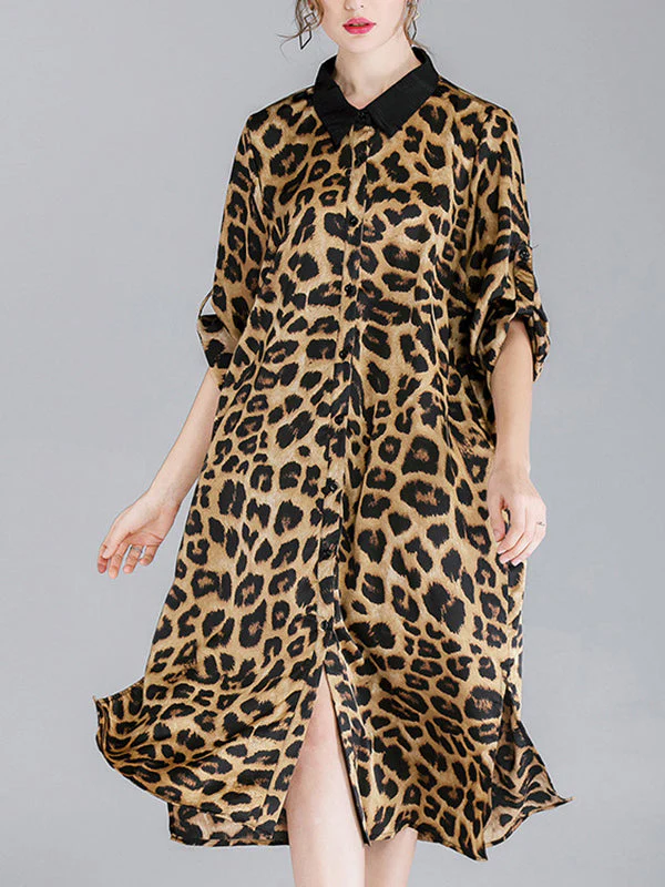 Ivy Vintage Contrasting Lapel Neck Animal Print Buttoned Belted Midi Dress - Image 3