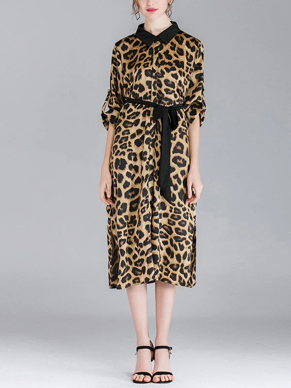 Ivy Vintage Contrasting Lapel Neck Animal Print Buttoned Belted Midi Dress - Image 4