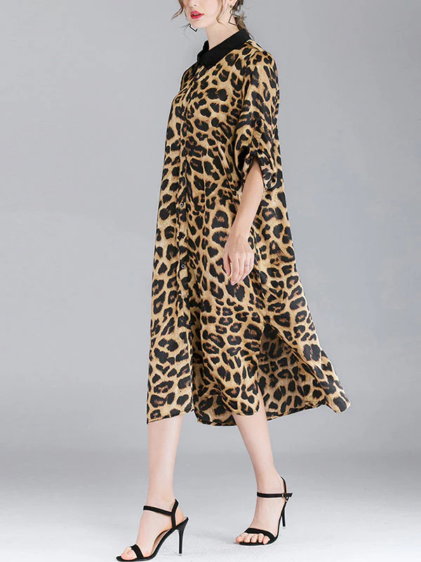 Ivy Vintage Contrasting Lapel Neck Animal Print Buttoned Belted Midi Dress - Image 5