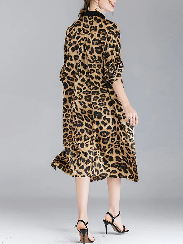 Ivy Vintage Contrasting Lapel Neck Animal Print Buttoned Belted Midi Dress - Image 6