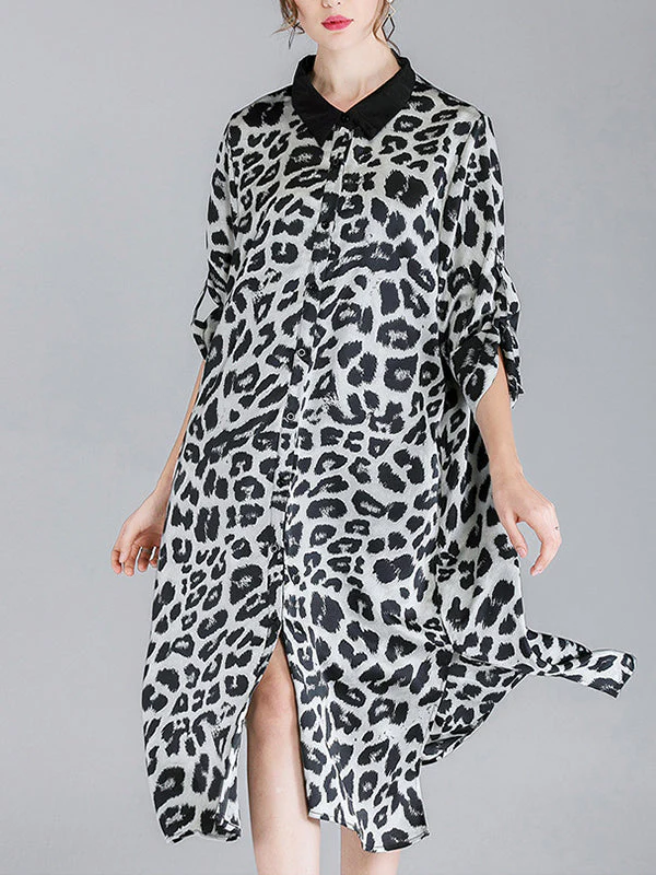Ivy Vintage Contrasting Lapel Neck Animal Print Buttoned Belted Midi Dress - Image 7