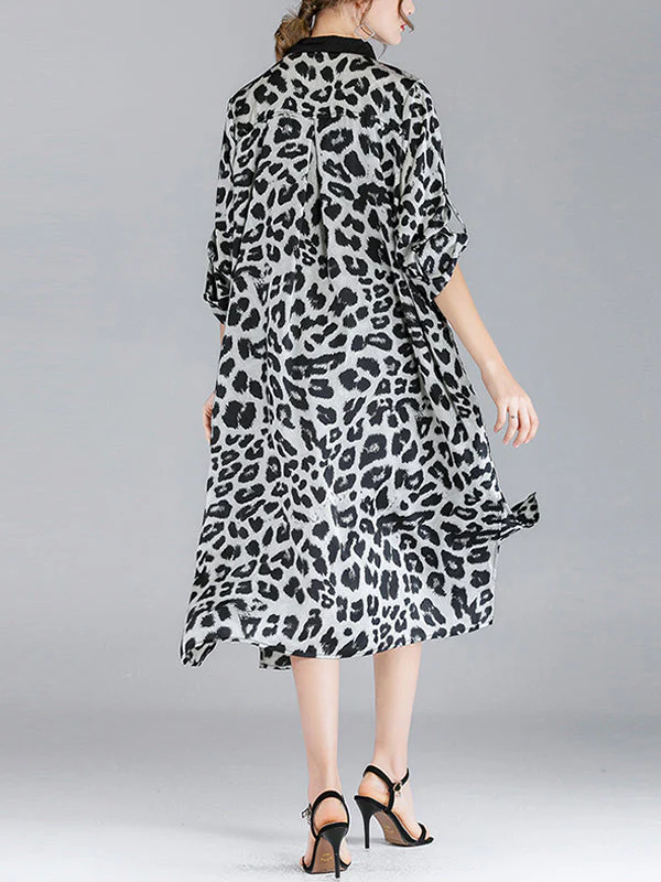 Ivy Vintage Contrasting Lapel Neck Animal Print Buttoned Belted Midi Dress - Image 8