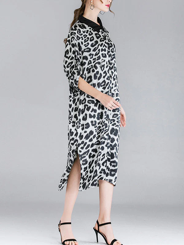 Ivy Vintage Contrasting Lapel Neck Animal Print Buttoned Belted Midi Dress - Image 9