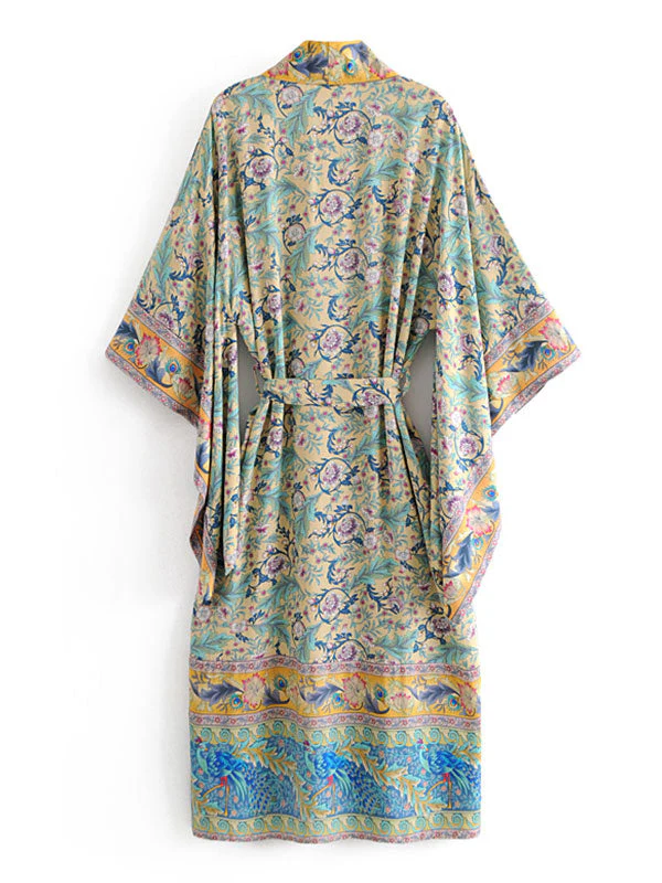 Long Kimono Floral Print Green Color Cotton Viscose Long Length Gown Kimono Duster Robe - Image 2