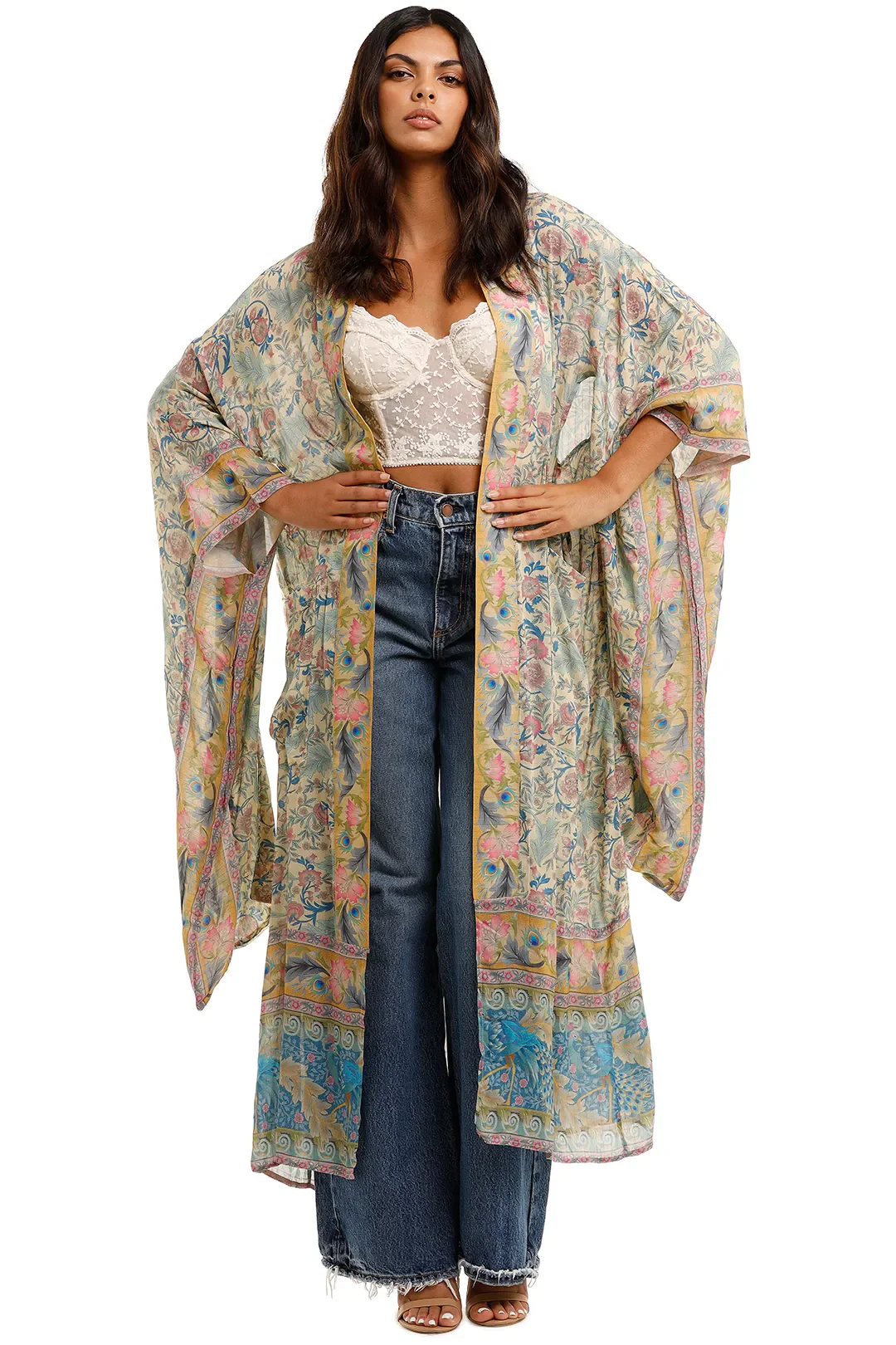 Long Kimono Floral Print Green Color Cotton Viscose Long Length Gown Kimono Duster Robe - Image 3