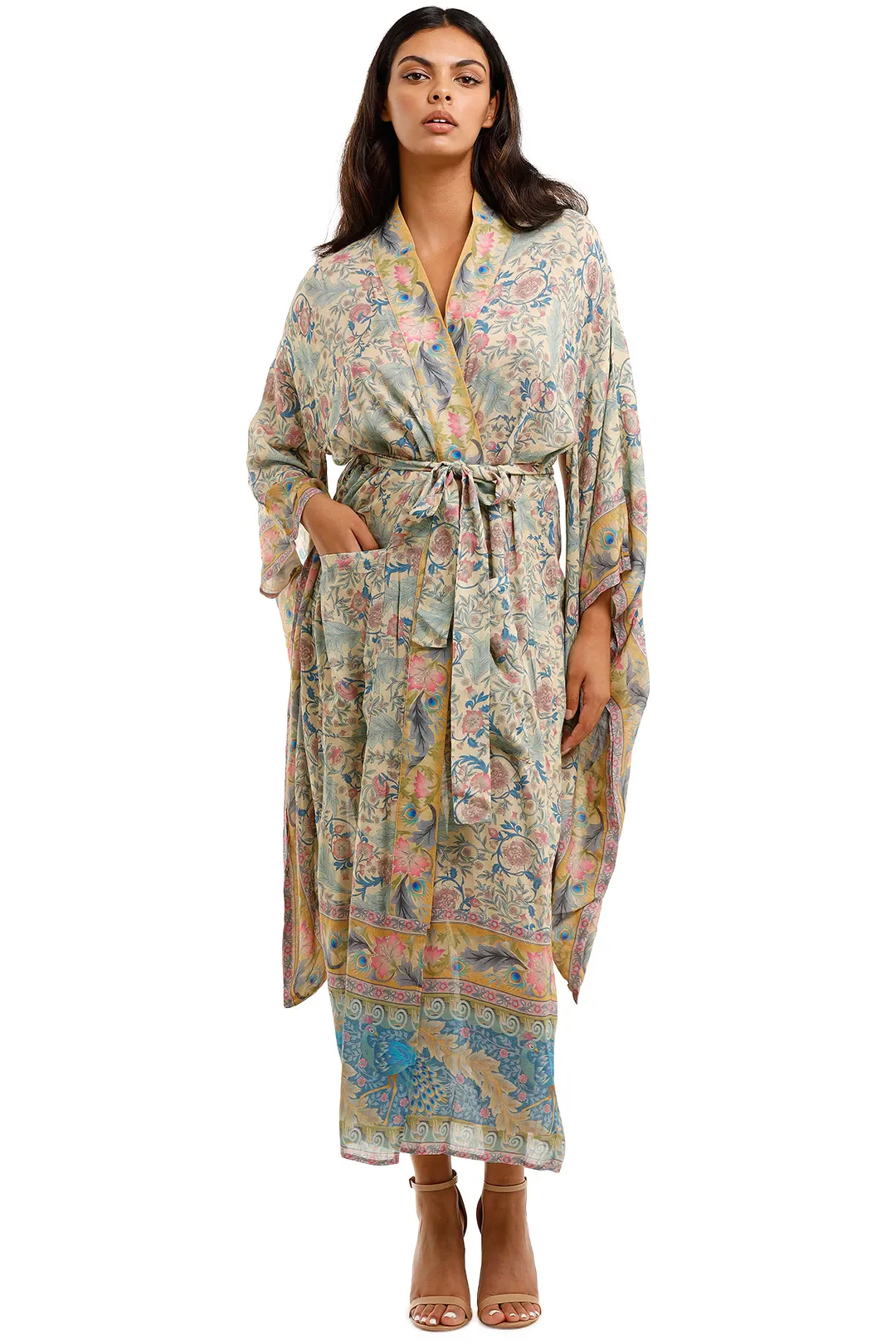 Long Kimono Floral Print Green Color Cotton Viscose Long Length Gown Kimono Duster Robe - Image 4