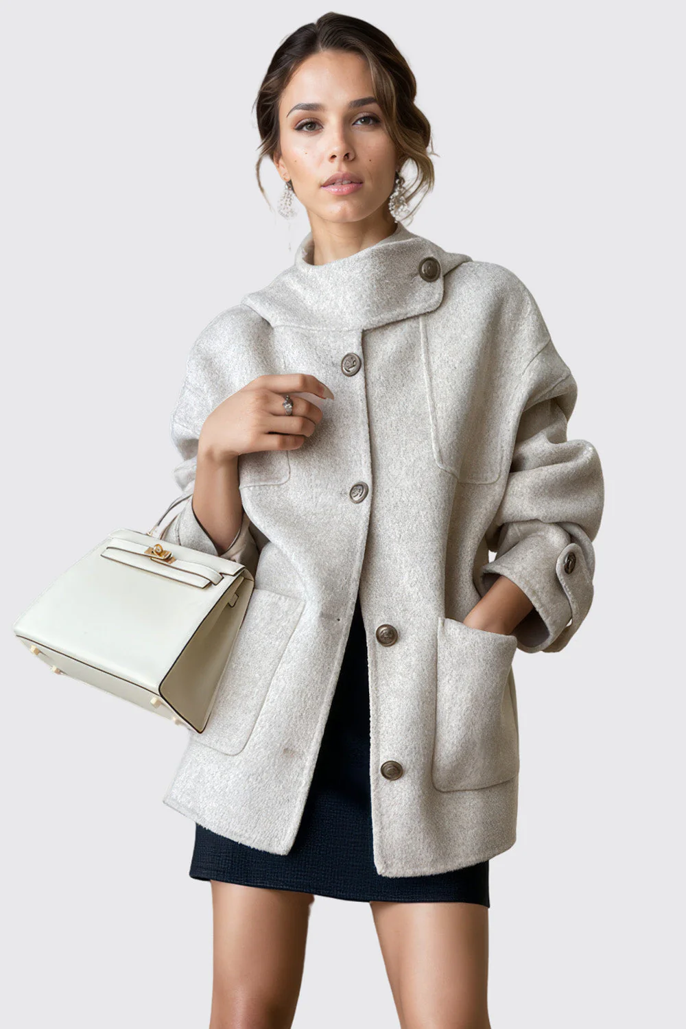 Jacket with Buttoned Collar - Beige - Image 2