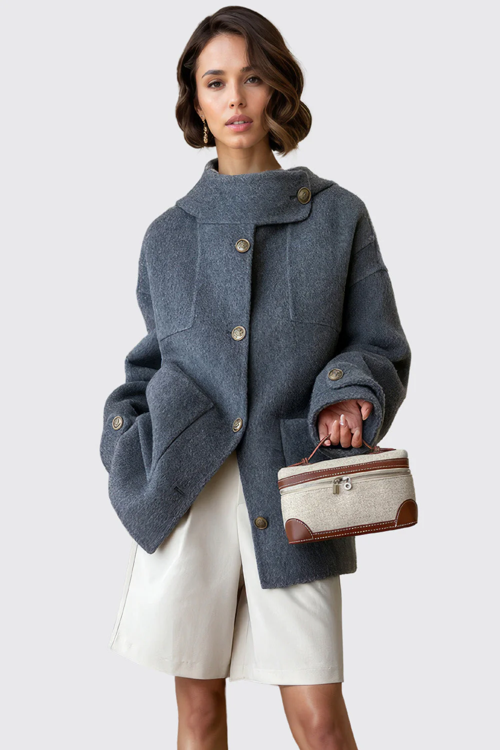 Jacket with Buttoned Collar - Grey - Image 2