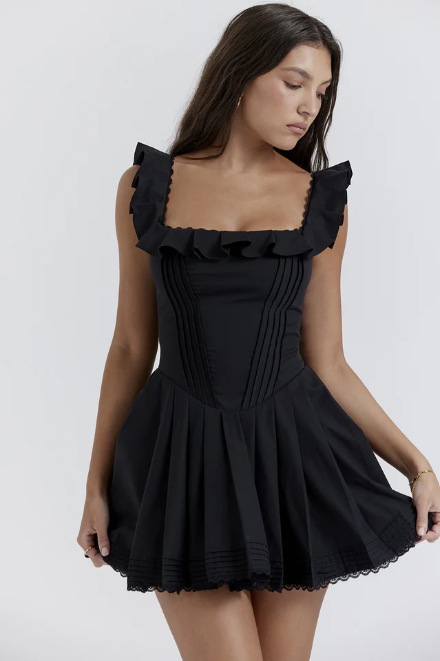 Jemima Black Pin Tuck Pleated Dress - Image 3